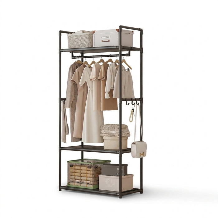 Clothing Storage Rack with Wheels, Hooks & Shelves — Freestanding Metal Organiser