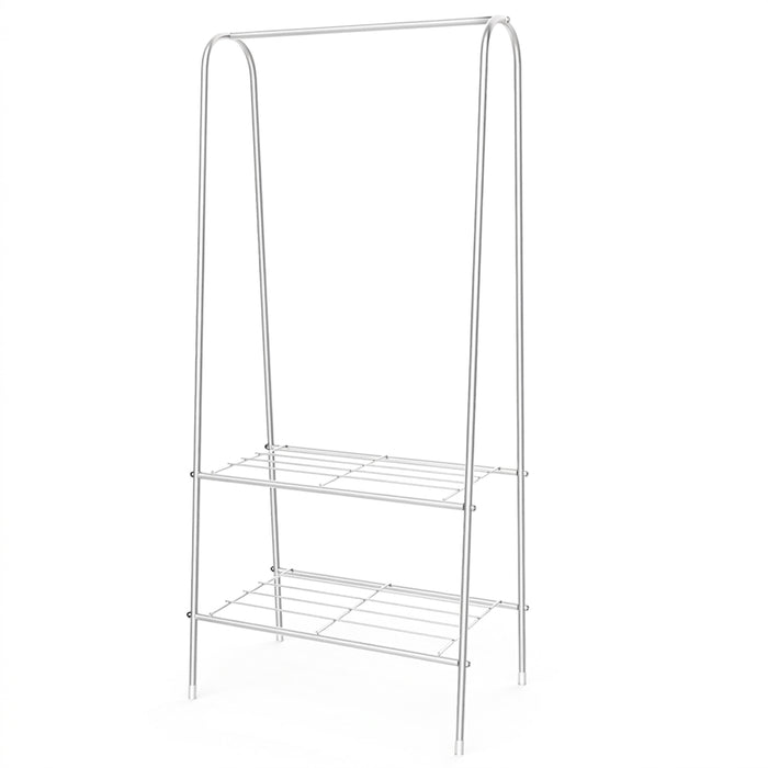 Double Rail Standing Clothes Rack with Mesh & Bottom Shelves — White or Black
