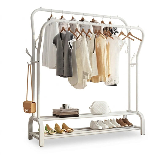 Double Rail Standing Clothes Rack with Mesh & Bottom Shelves — White or Black