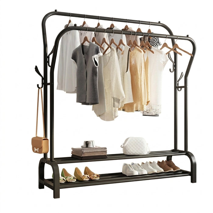 Double-Rail Standing Clothes Rack with Shoe Shelf – Metal Rail for Bedroom & Living Room