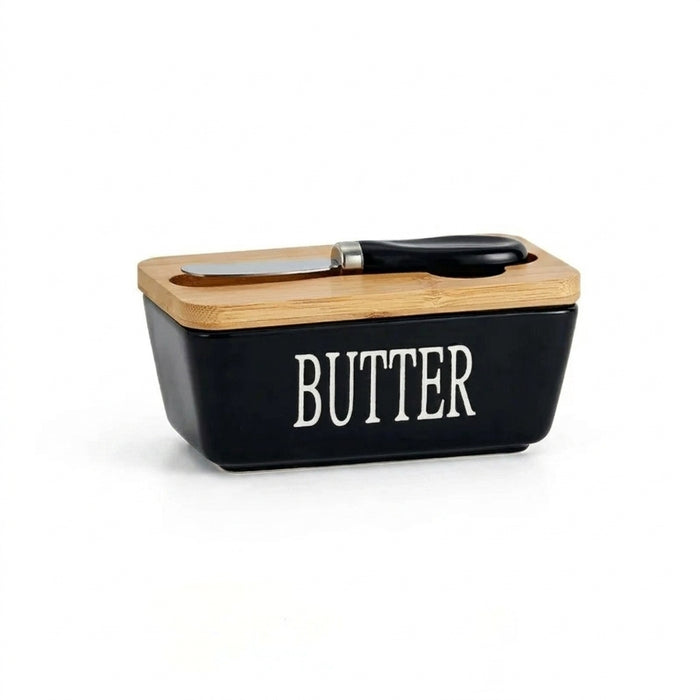 Ceramic Butter & Cheese Storage Box with Bamboo Lid and Knife — 14.8×8.5×6cm
