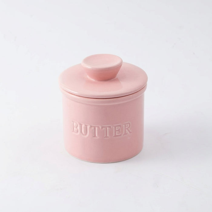 1-piece Pink Ceramic Butter Crock with Lid and Knife – French-style Porcelain Butter Dish