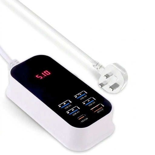 50W 6-Port USB Charger (5x USB-A + 1x USB-C) with PD, QC3.0 and LED Display