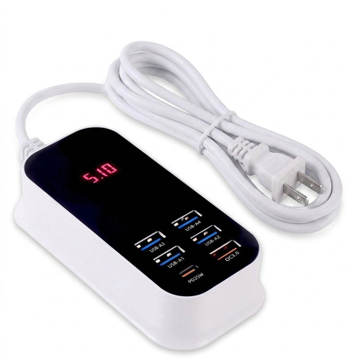 50W 6-Port USB Charger (5x USB-A + 1x USB-C) with PD, QC3.0 and LED Display