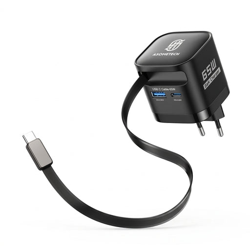 65W GaN 3‑Port USB Charger with Retractable USB‑C Cable — PD3.0, QC4.0, PPS
