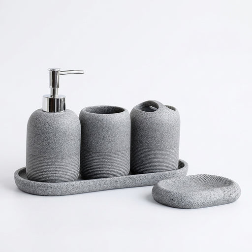 5-Piece Bathroom Accessory Set — Lotion Dispenser, Toothbrush Holder, Tumbler, Soap Dish & Tray (Beige or Grey)