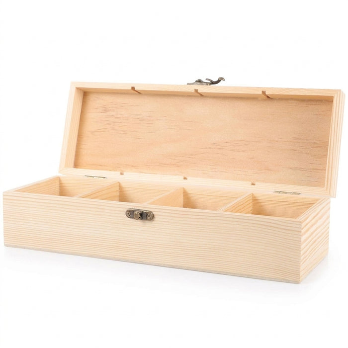 Four-Compartment Unfinished High-Grade Wood Tea & Keepsake Box