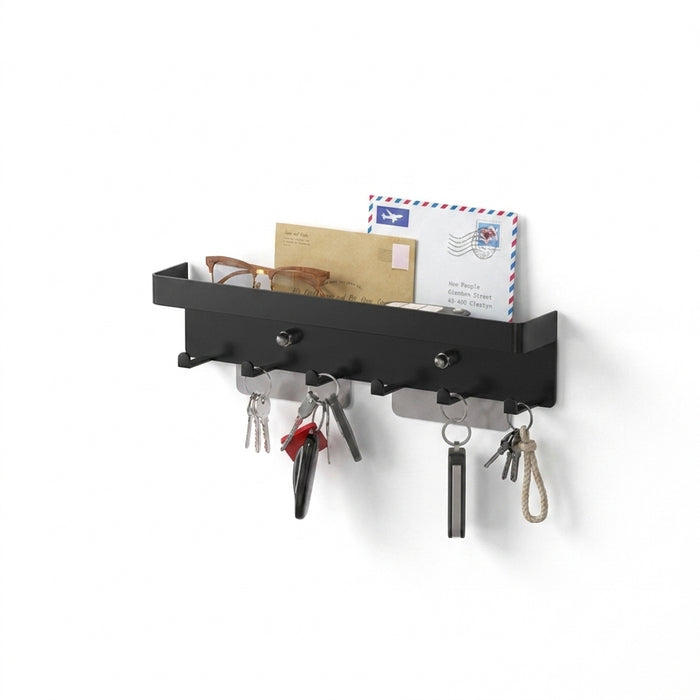 Wall-Mounted Key Organiser with Tray and Hooks – No-Drill or Drill Fixing