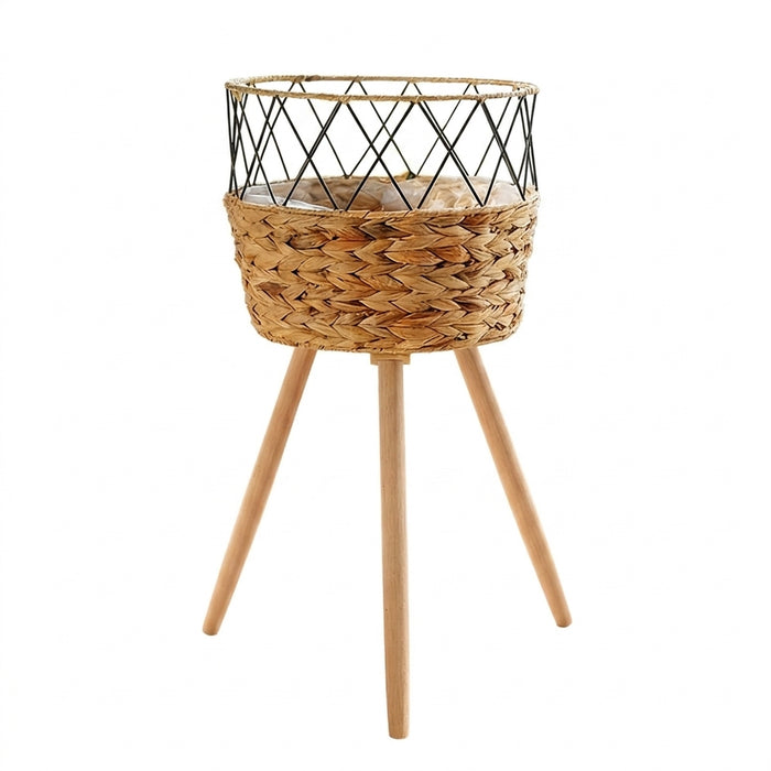 Floor‑standing Rattan Plant Stand with Wooden Legs — Indoor Pothos Holder