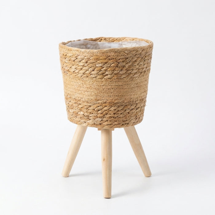 Floor‑standing Rattan Plant Stand with Wooden Legs — Indoor Pothos Holder