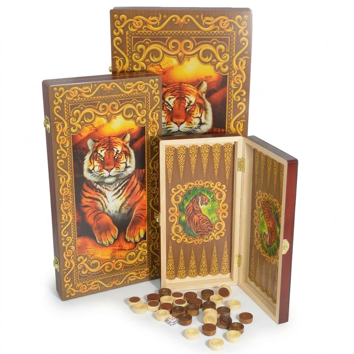 Wooden Backgammon Set – Foldable Tiger Travel Board for Chess & Draughts