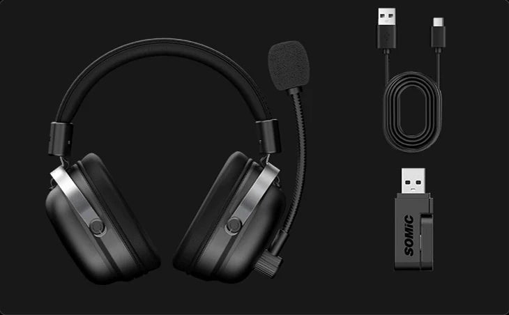 Dołączony zestaw słuchawkowy Commander, bezprzewodowy odbiornik USB i kabel USB-A do USB-C